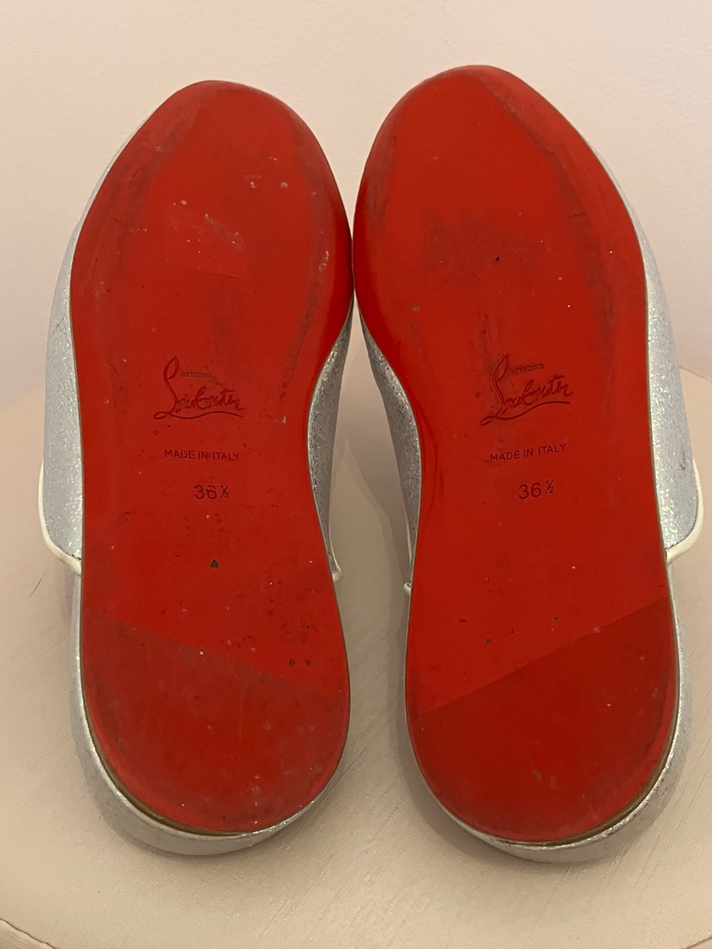 36 1/2 Christian Louboutin Silver Glitter Slip-On Mules with Red Sole - Picture 10 of 13